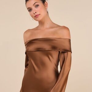 Lulus Luxurious Vision Brown Satin Off-the-shoulder Mini Dress - Size L